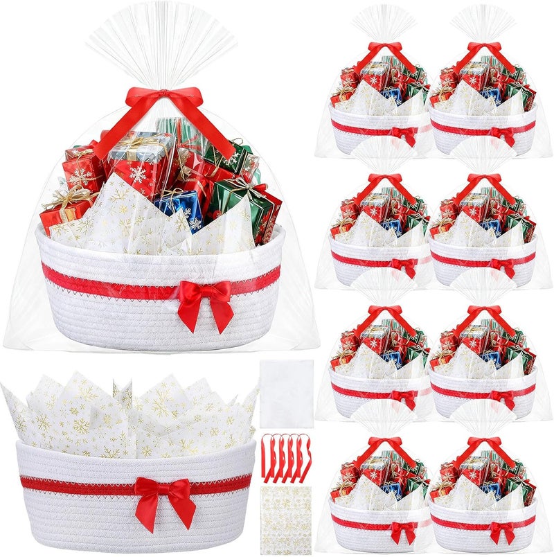 FoldTier 8 Pack Small Christmas Woven Basket with Gift Bags Ribbons and Wrapping Paper 12"x 8"x 5" Storage Basket with Handles Empty for Baby Shower Birthday Pet Toy Organizer Nursery Bins(White) - Image 1